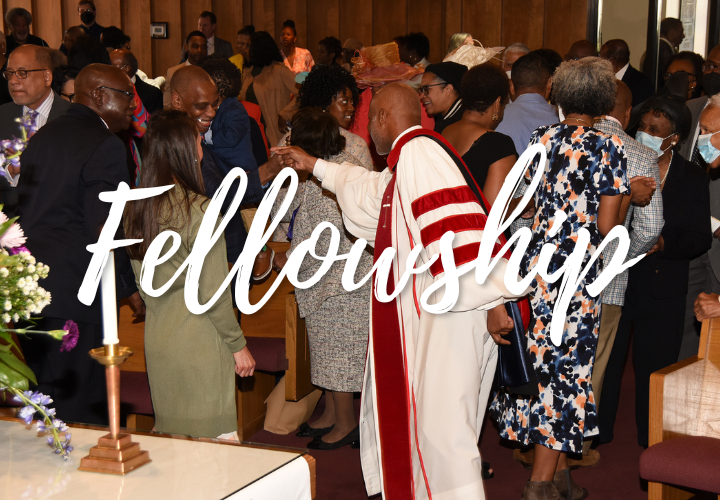 Picture of members of congregation meeting and greeting each other